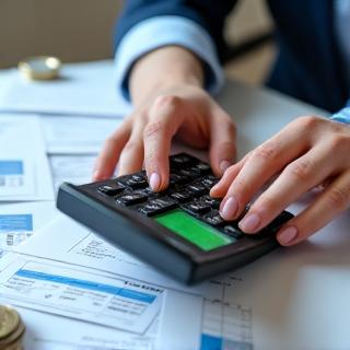 Person am Schreibtisch mit Taschenrechner und Papierkram, symbolisiert Finanzplanung